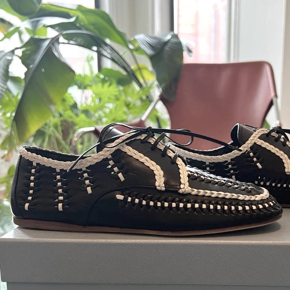 Prada Black/White woven Lace-Up Loafer Moccasins *New with Tags*